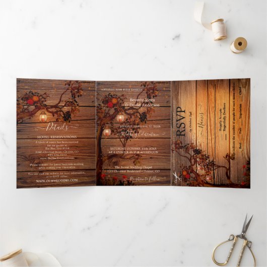 Autumn Tree Lanterns Mariage Tri-fold Invitation (Intérieur)
