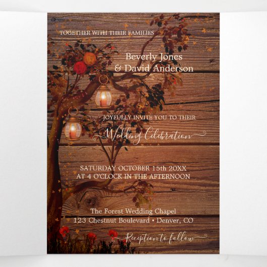 Autumn Tree Lanterns Mariage Tri-fold Invitation (Intérieur au milieu)