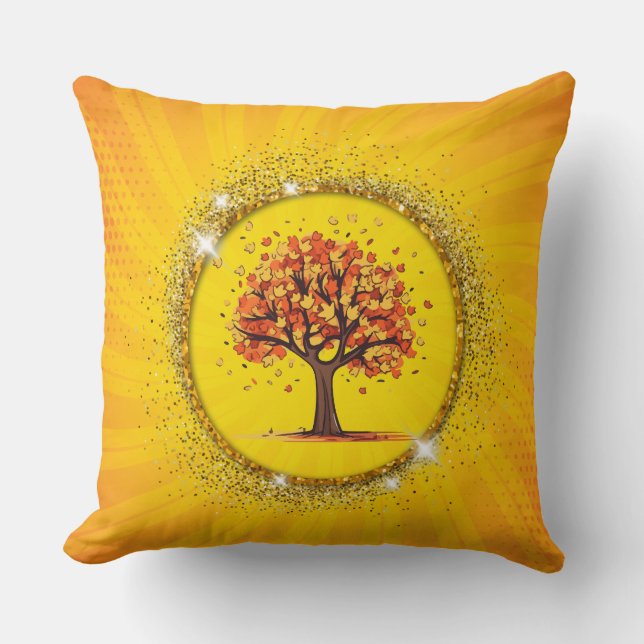 Autumn Tree Yellow Sunburst Sparkle Circle Art Kussen (Voorkant)