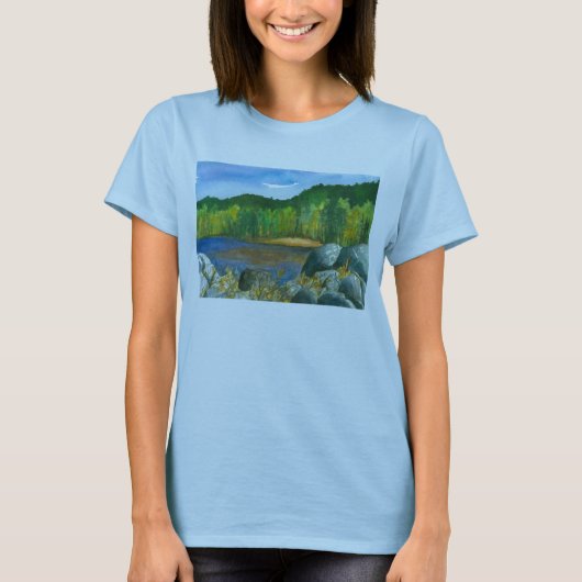 Autumn Trees Mountain Lake Waterverf schilderij T-shirt (Voorkant)
