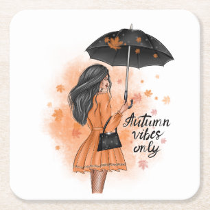Autumn Vibes only Herfst Mode Girl Vierkante Kartonnen Onderzetter