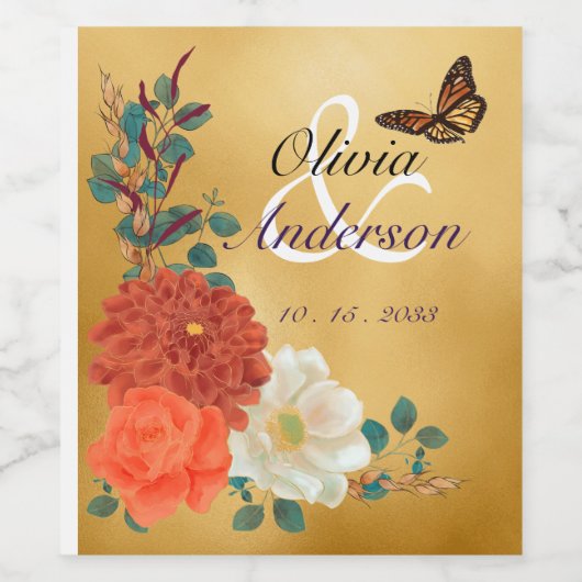 Autumn Wedding Floral Butterfly Beverage Label Set Wijn Etiket (Enkel label)