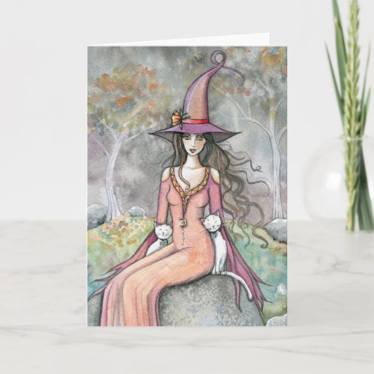Autumn Witch White Cat Art Kaart (Voorkant)