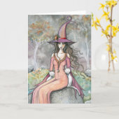 Autumn Witch White Cat Art Kaart (Gele Bloem)