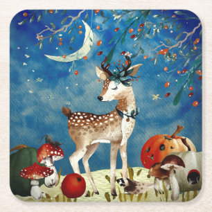 Autumn Woodland Friends Deer Forest Illustration Vierkante Kartonnen Onderzetter