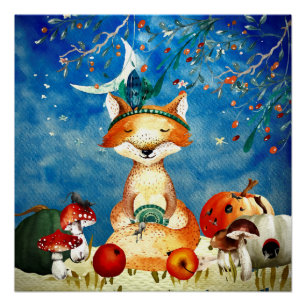Autumn Woodland Friends Fox Forest Illustration Perfect Poster