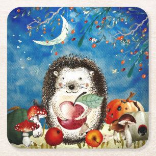 Autumn Woodland Friends Hedegel Forest Drawing Vierkante Kartonnen Onderzetter