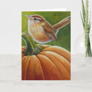 Autumn Wren Bird op Oranje pompoenWaterverf Art Kaart