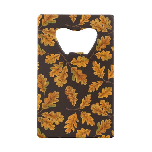 Autumnal eikenbladeren op donkerbruin kredietkaart flessenopener (Voorkant)