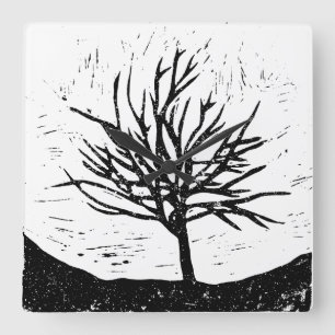 Autumnal Tree Lino Print Wandklok Vierkante Klok