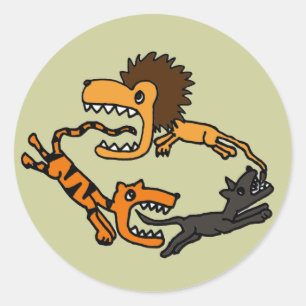 AV- Lion Chasing Tiger Chasing Dog Art Ronde Sticker