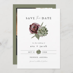 AVA Burgundy Floral Succulent Desert Save the Date Kaart