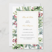 Ava Winter Greenery Berries Christelijke bruiloft Save The Date (Voorkant)