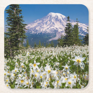 Avalanche lelies en Mount Rainier 2 Vierkante Kartonnen Onderzetter