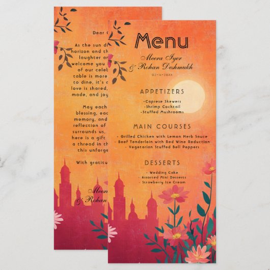 Avec joli texte Carte de menu Sunset Serenade (Devant / Derrière)
