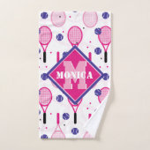 Avec nom & initiale, raquettes de tennis rose & vi (Serviette à main)