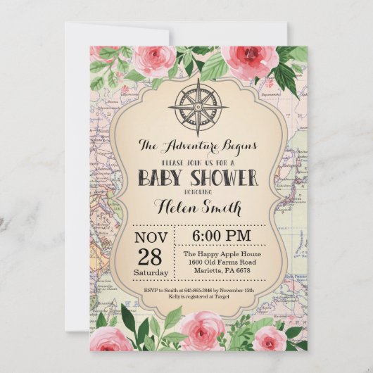 Aventure Baby shower rose Floral Carte Voyage Mond (Devant)