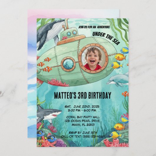 Aventure sous-marine Invitation d'anniversaire (Devant / Derrière)