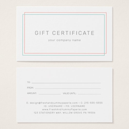 AVERY Coral and Teal Business Gift Certificate (Devant & derrière)