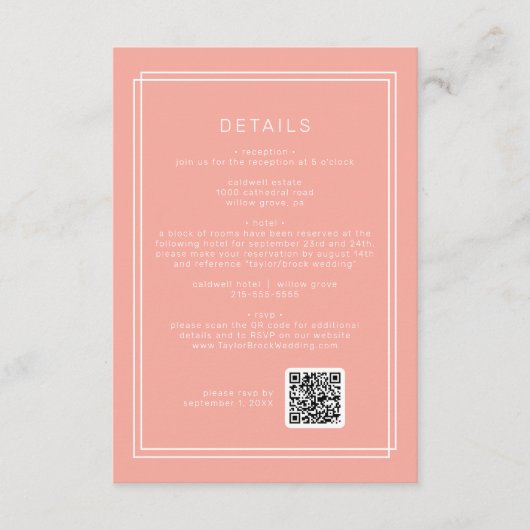AVERY Minimal Blush Peach QR Code Trouwdetails Informatiekaartje (Voorkant)