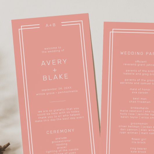 AVERY Minimal Blush Peach Zachte Coral Wedding Programma