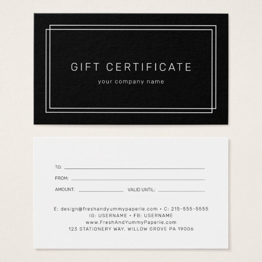 AVERY Modern Black Business Gift Certificate (Devant & derrière)