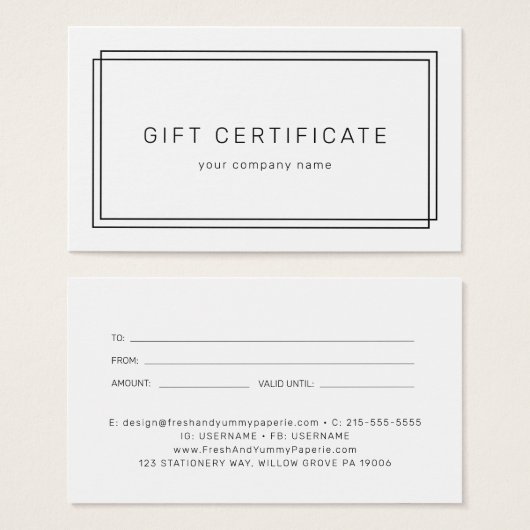 AVERY Modern Minimalist Business Gift Certificate (Devant & derrière)