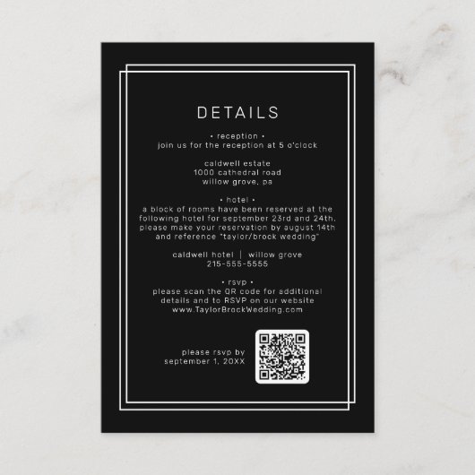 AVERY Moderne Zwarte QR Code Trouwdetails Informatiekaartje (Voorkant)
