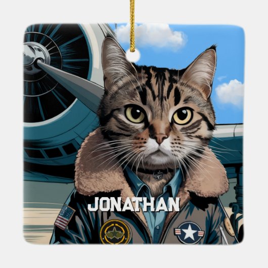 Aviation Cat Pilot and Airplane Funny Custom Keramisch Ornament (Achterkant)