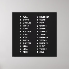 Aviation Phonetic Alphabet Code - Zwart & Wit Canvas Afdruk