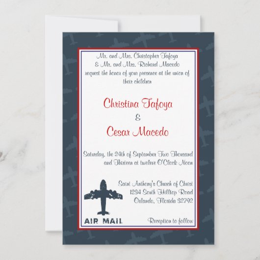 Avion Faire-part de mariage 5x7 bleu/rouge (Devant)