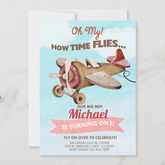 Avion garçon 1er invitation de premier anniversair (Devant)