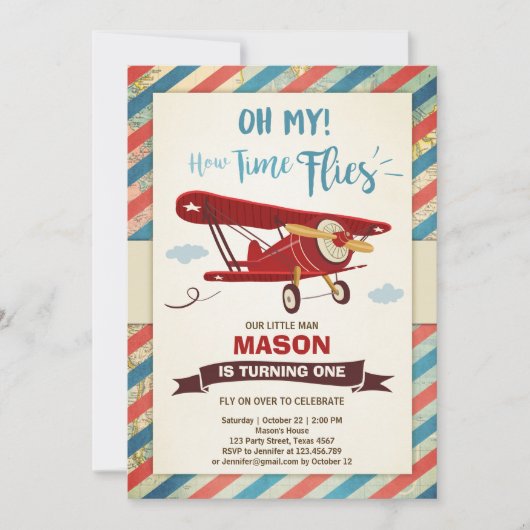 Avion Invitation Anniversaire Heure des vols Avion (Devant)