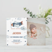 Avion Invitations Anniversaire Gris Brown avec pho (Debout devant)