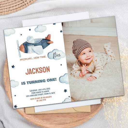 Avion Invitations Anniversaire Gris Brown avec pho