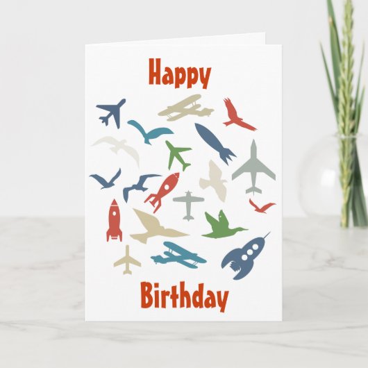 Avion, roquettes et carte d'anniversaire d'oiseaux (Devant)