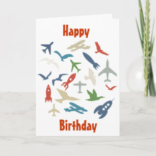 Avion, roquettes et carte d'anniversaire d'oiseaux