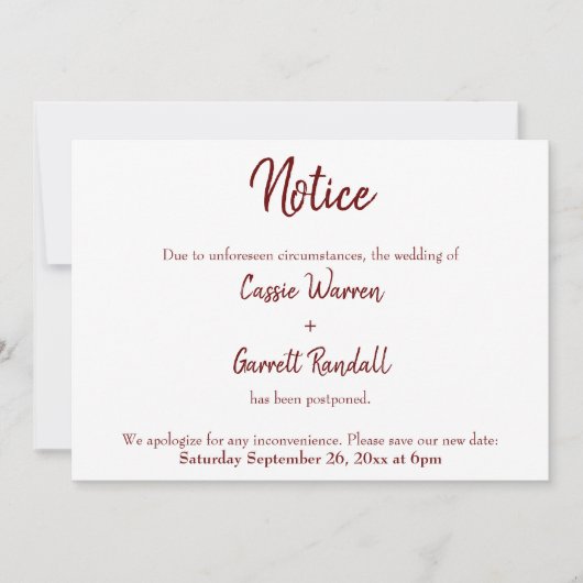 Avis Burgundy Reporté Faire-part Mariage (Devant)