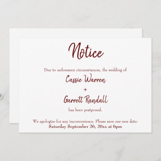 Avis Burgundy Reporté Faire-part Mariage (Devant / Derrière)