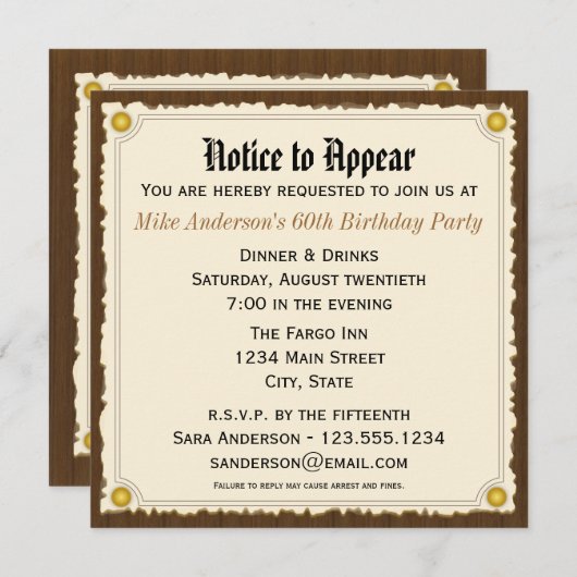 Avis de comparution Invitation à la fête d'anniver (Devant / Derrière)