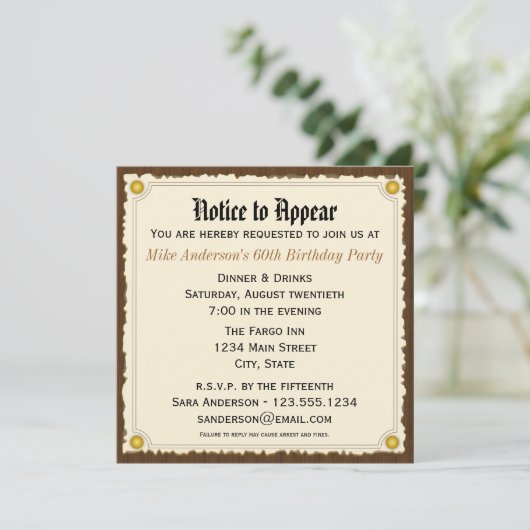 Avis de comparution Invitation à la fête d'anniver (Debout devant)