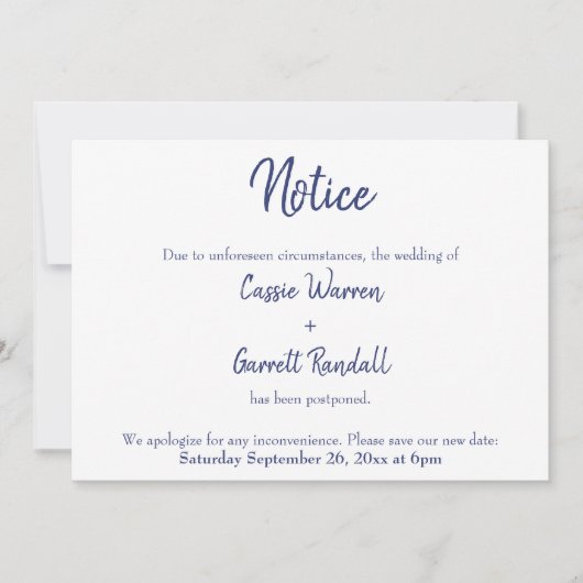 "Avis" Marine White Reporté Mariage Faire-part (Devant)