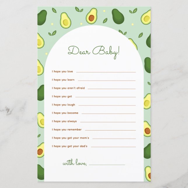 Avocado Dear Baby Wishes Baby Shower Spel (Voorkant)