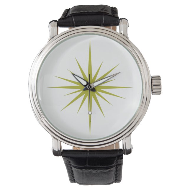 Avocado Green Atomic Starburst Mid Century Modern Horloge (Voorkant)
