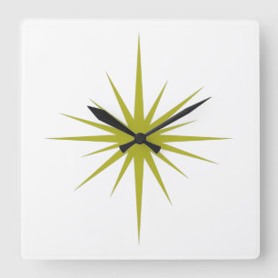 Avocado Green Atomic Starburst Mid Century Modern Vierkante Klok
