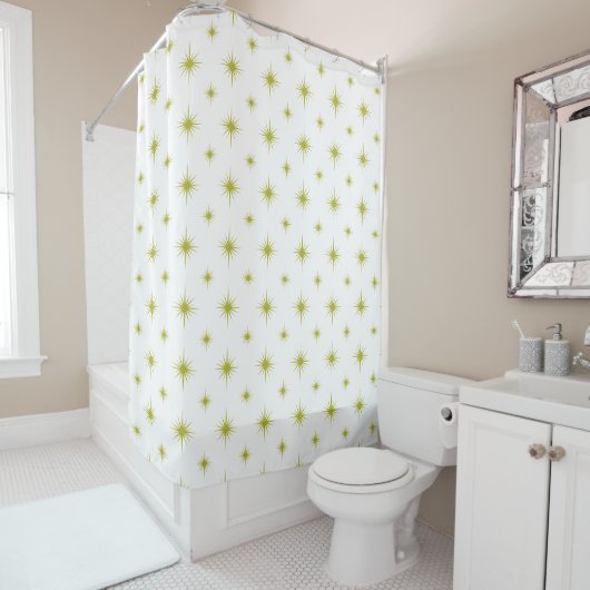 Avocado Green Atomic Starburst Pattern midden eeuw Douchegordijn (In situ)