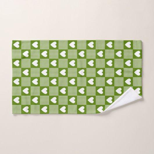 Avocado Green Gingham Heart Patch Plaid Towel (Serviette à main)