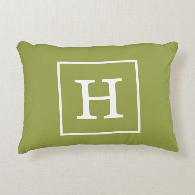 Avocado Green White Framed Initiaal Monogram Accent Kussen (Voorkant)