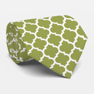 Avocado Green White Moroccan Quatrefoil Pattern #5 Stropdas