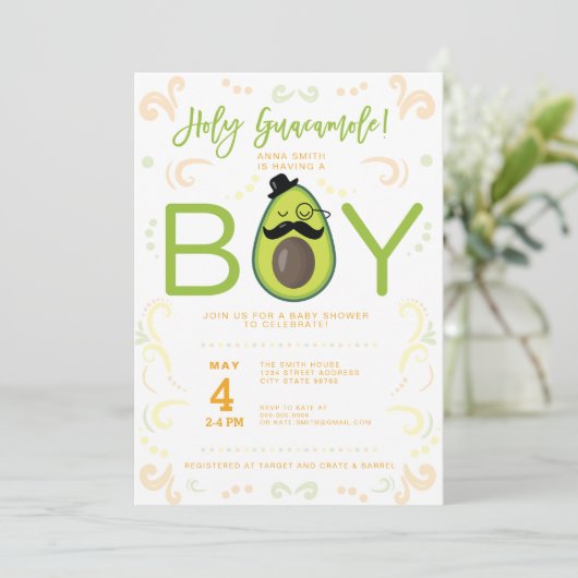Avocado Heilige Guacamole Boy Baby shower Taco Kaart (Staand voorkant)